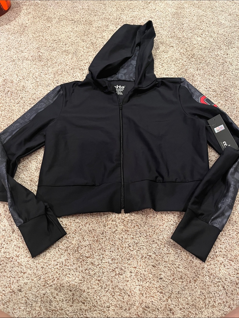 Women's Black Hooded Crop Jacket with Ohio State Sleeve Logo Trim